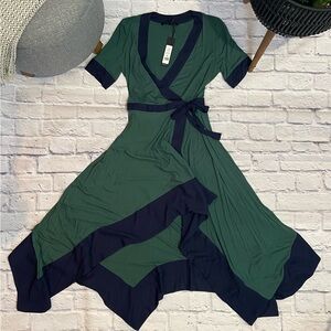 BCBGMaxAzria Green and Blue Asymmetrical Wrap Sundress